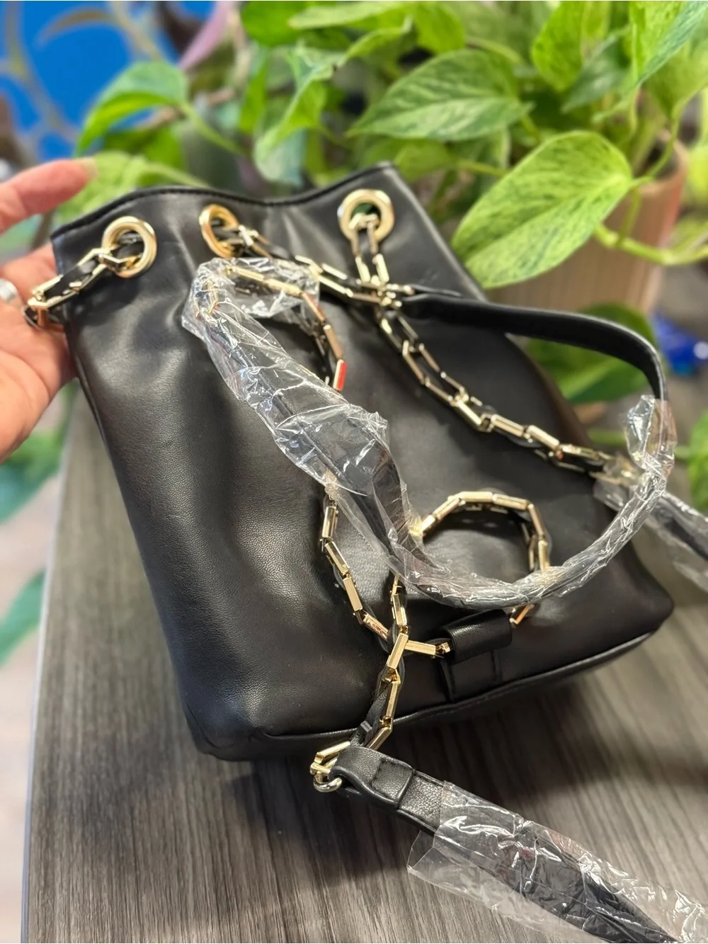 Free People Black Quilted Mini Backpack Bag with Gold Chain Straps